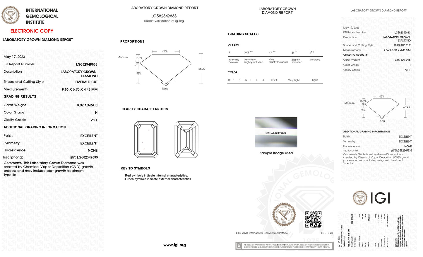 Lab Grown 3.02 Ct EMERALD Cut IGI Certified CVD Diamond H Color VS1 Clarity