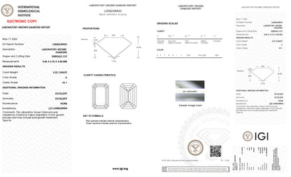 Lab Grown 3.02 Ct EMERALD Cut IGI Certified CVD Diamond H Color VS1 Clarity
