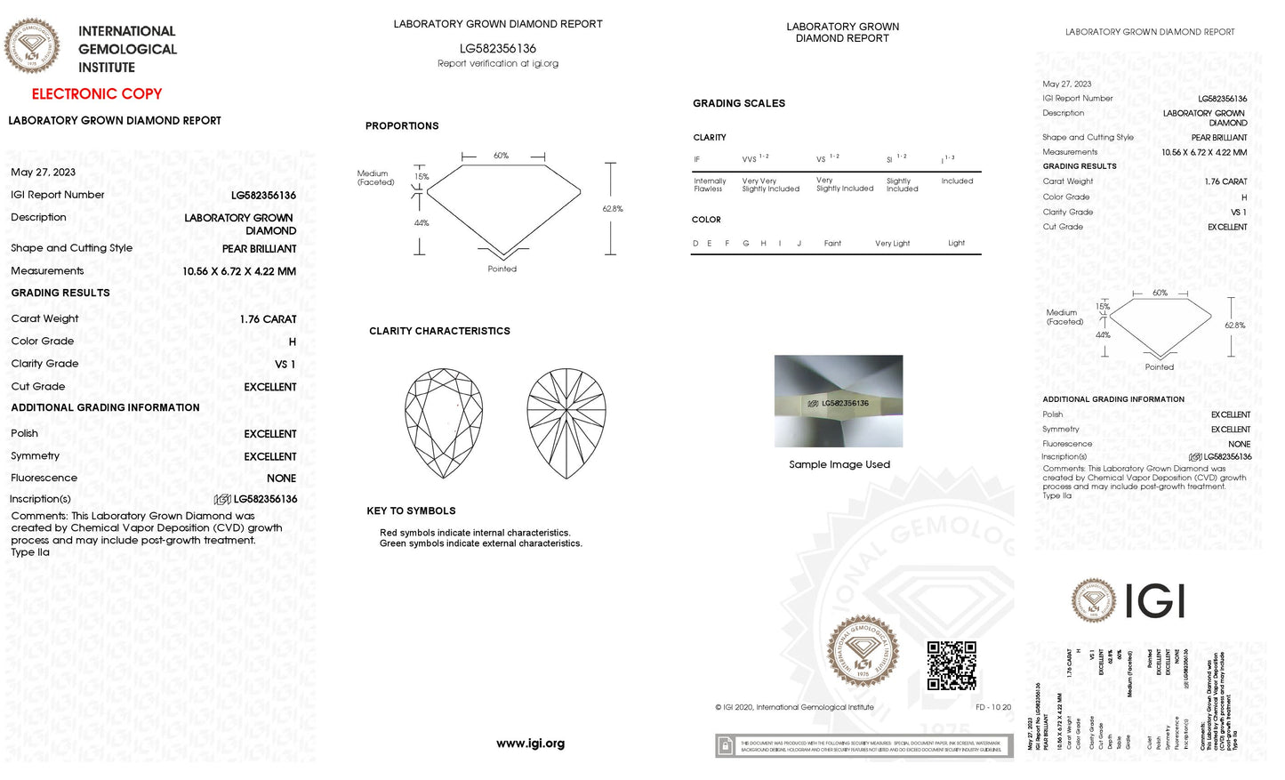 Lab Grown 1.76 Ct PEAR Cut IGI Certified CVD Diamond H Color VS1 Clarity