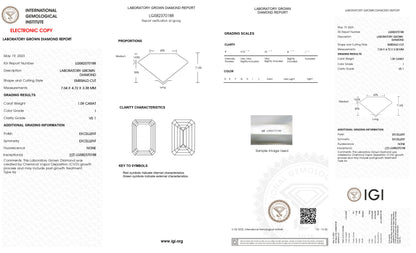 Lab Grown 1.09 Ct EMERALD Cut IGI Certified CVD Diamond I Color VS1 Clarity