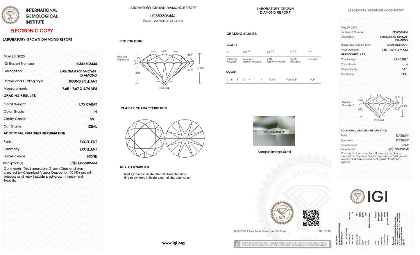 Lab Grown 1.73 Ct ROUND Cut IGI Certified CVD Diamond H Color VS1 Clarity