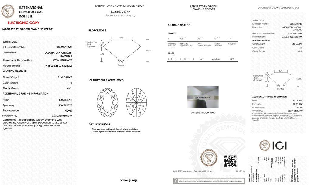 Lab Grown 1.60 Ct OVAL Cut IGI Certified CVD Diamond H Color VS1 Clarity