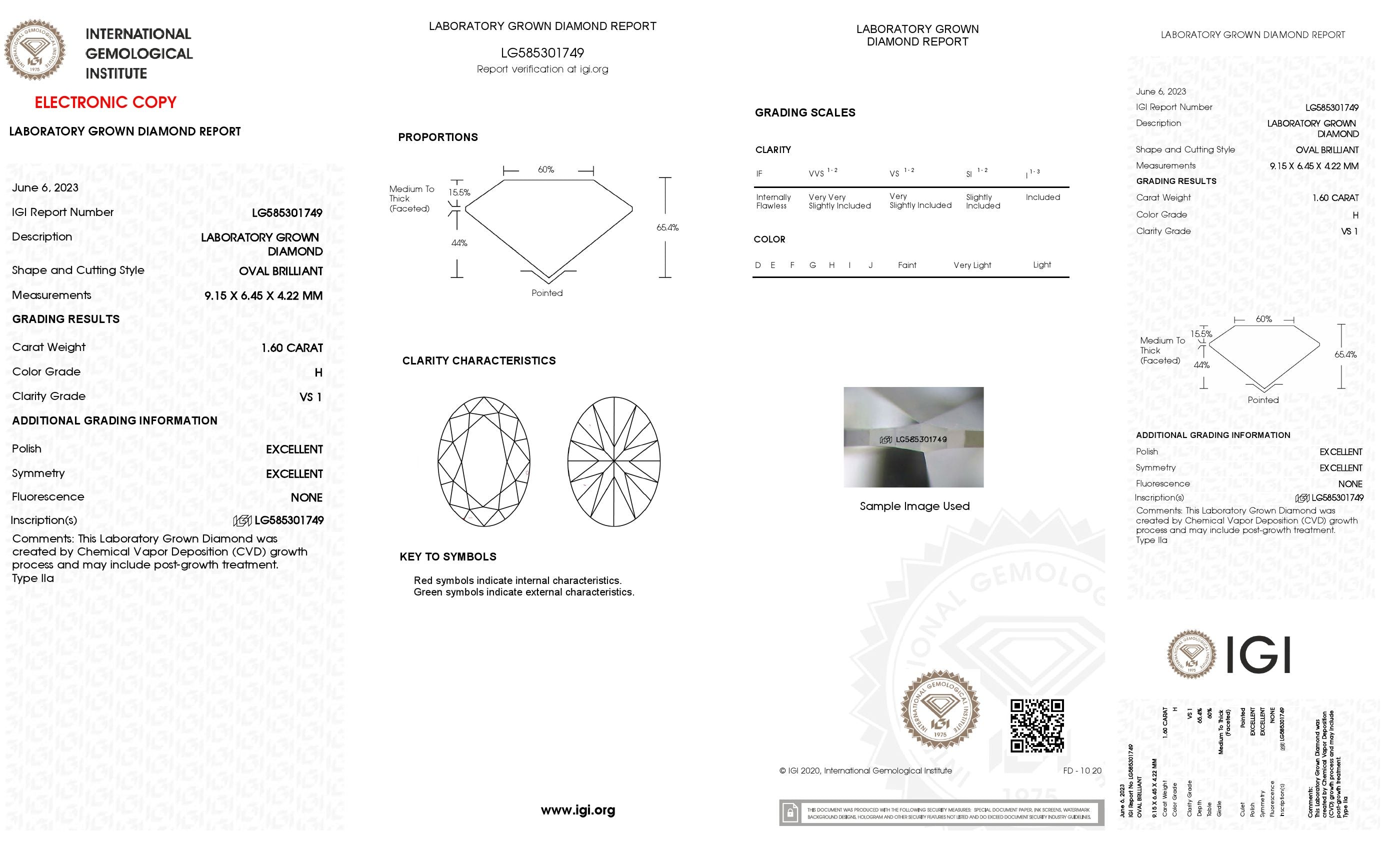 Lab Grown 1.60 Ct OVAL Cut IGI Certified CVD Diamond H Color VS1 Clarity
