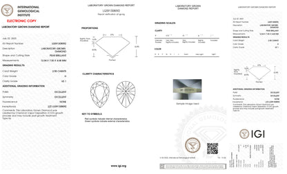 Lab Grown 2.55 Ct PEAR Cut IGI Certified CVD Diamond H Color VS1 Clarity