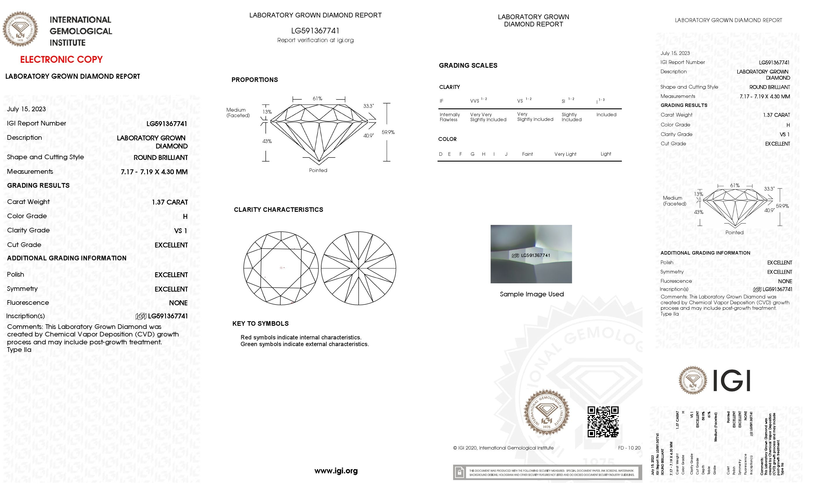 Lab Grown 1.37 Ct ROUND Cut IGI Certified CVD Diamond H Color VS1 Clarity