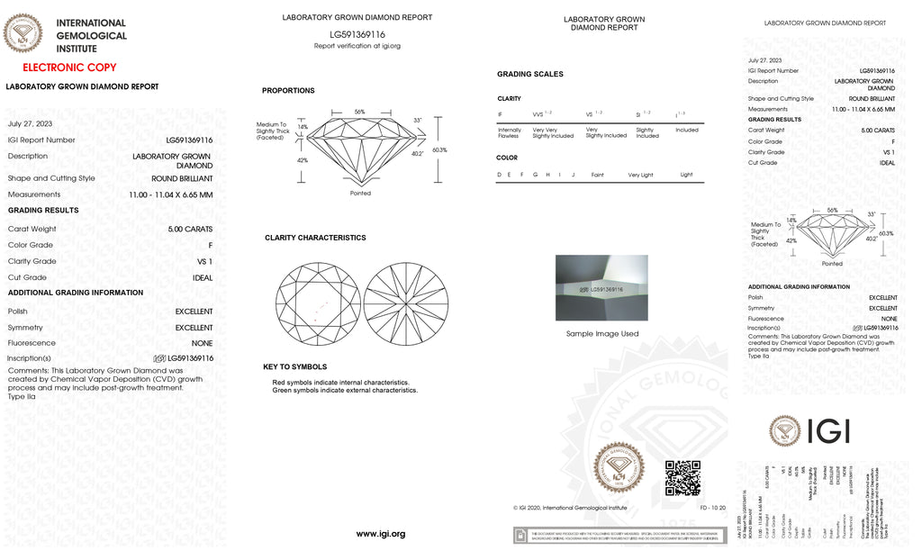Lab Grown 5.00 Ct ROUND Cut IGI Certified CVD Diamond F Color VS1 Clarity