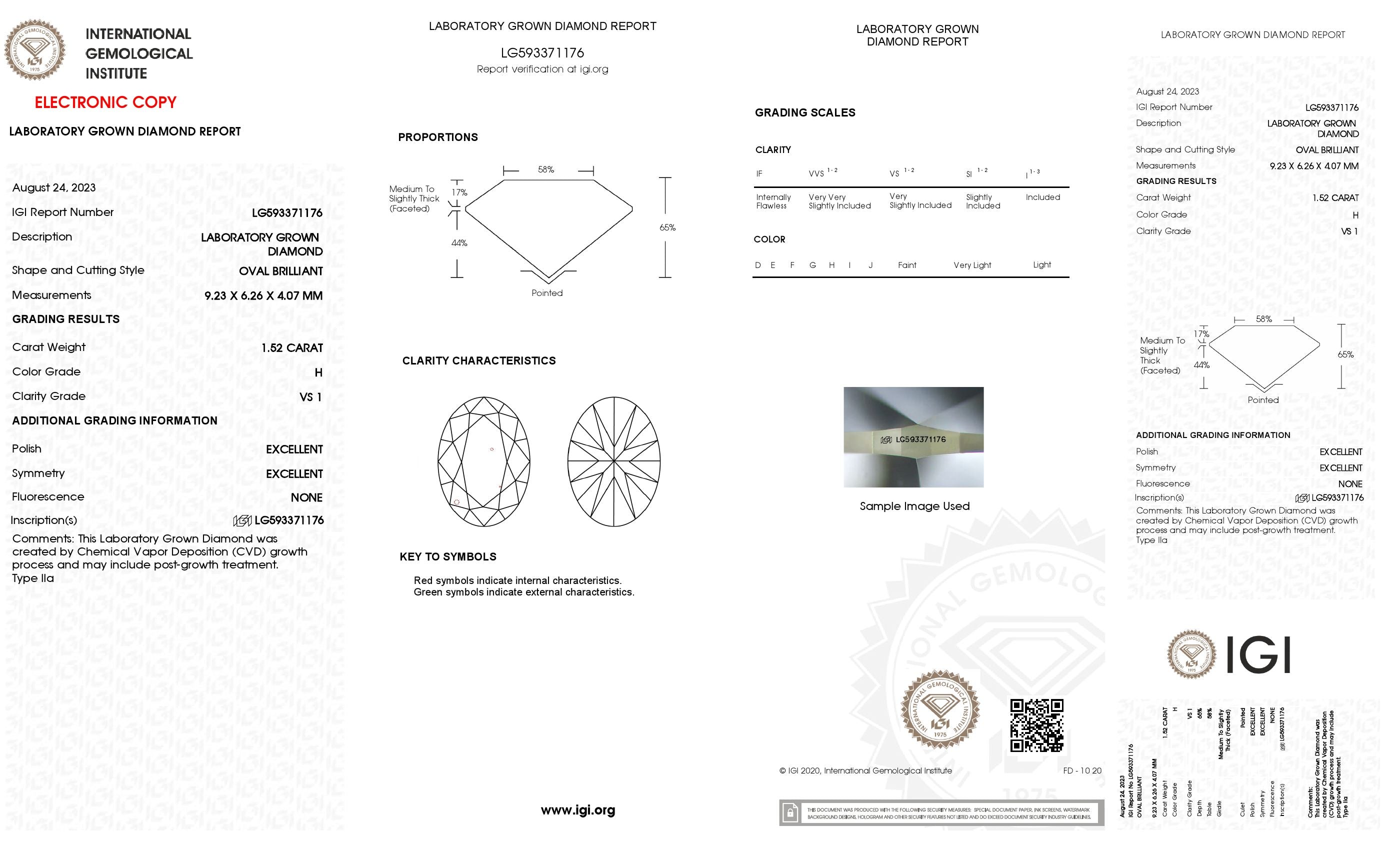 Lab Grown 1.52 Ct OVAL Cut IGI Certified CVD Diamond H Color VS1 Clarity
