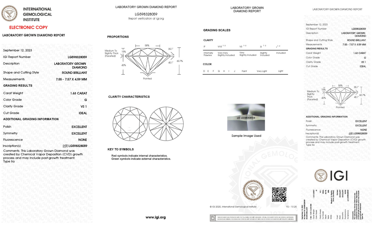 Lab Grown 1.63 Ct ROUND Cut IGI Certified CVD Diamond G Color VS1 Clarity