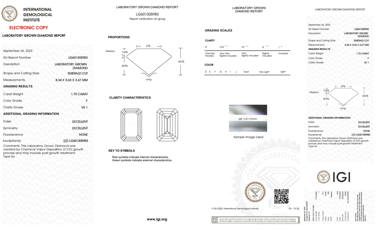 Lab Grown 1.70 Ct EMERALD Cut IGI Certified CVD Diamond F Color VS1 Clarity