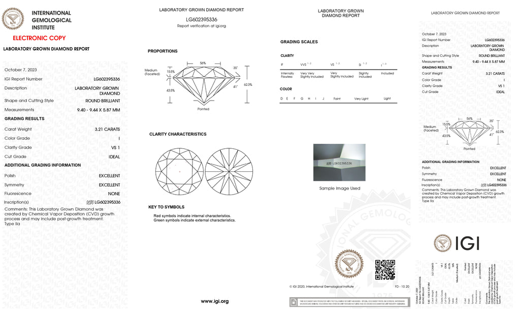 Lab Grown 3.21 Ct ROUND Cut IGI Certified CVD Diamond I Color VS1 Clarity