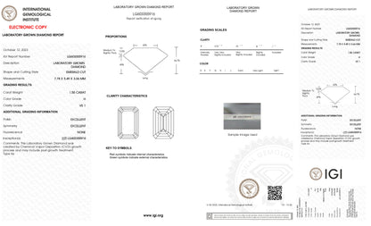 Lab Grown 1.55 Ct EMERALD Cut IGI Certified CVD Diamond H Color VS1 Clarity