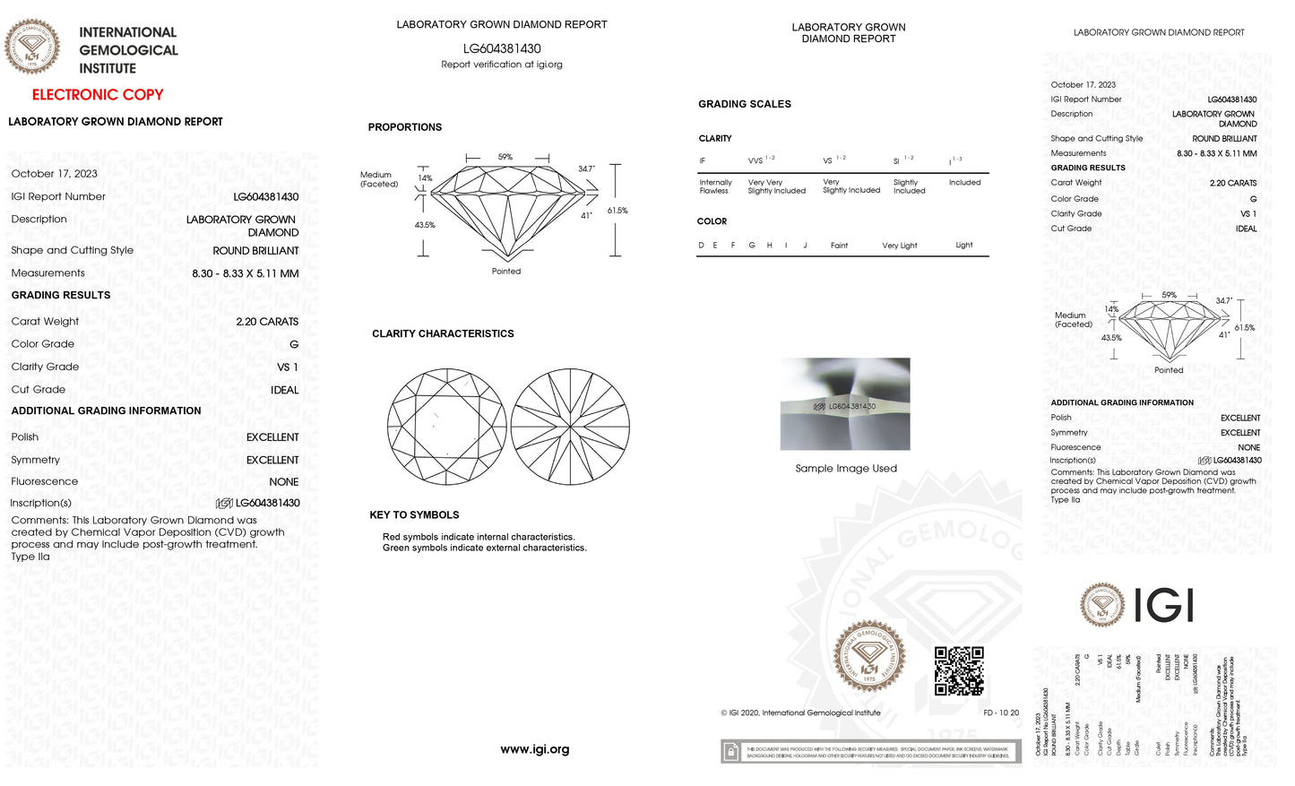 Lab Grown 2.20 Ct ROUND Cut IGI Certified CVD Diamond G Color VS1 Clarity