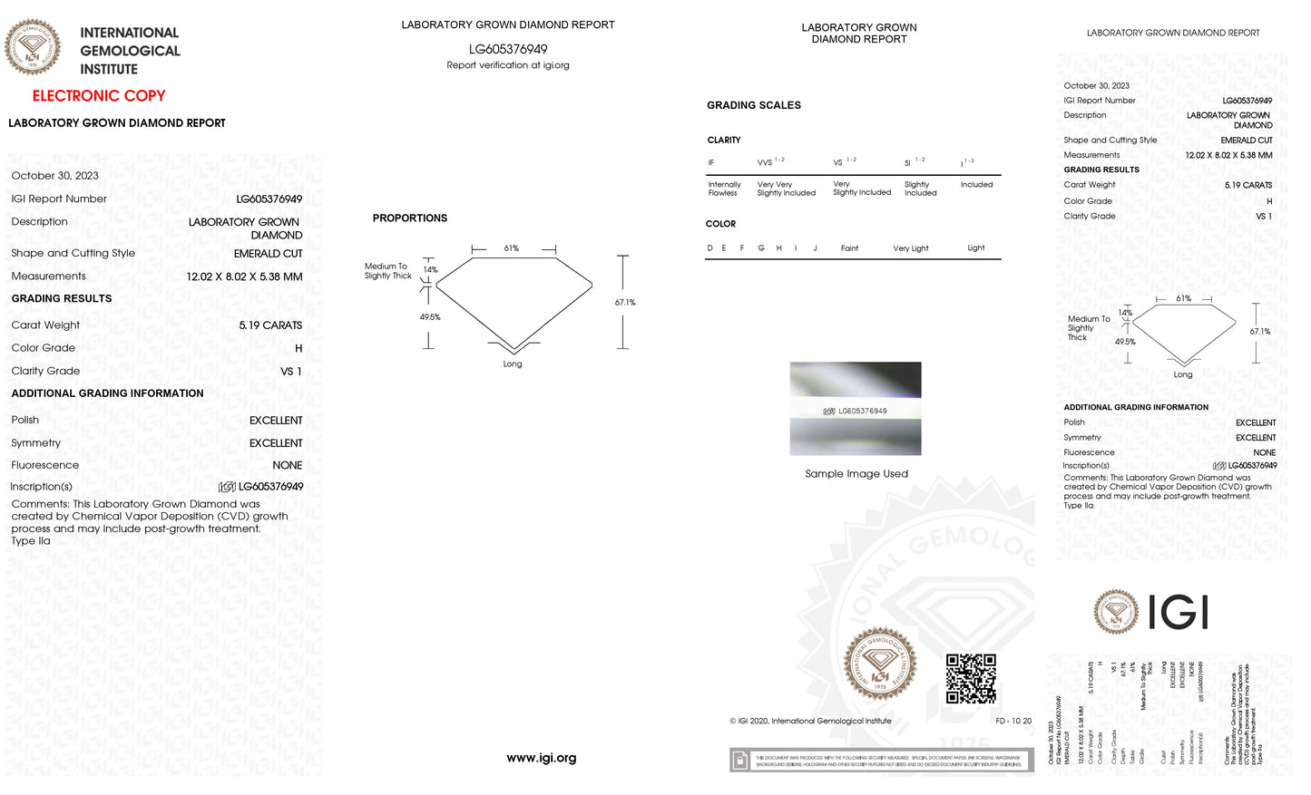 Lab Grown 5.19 Ct EMERALD Cut IGI Certified CVD Diamond H Color VS1 Clarity