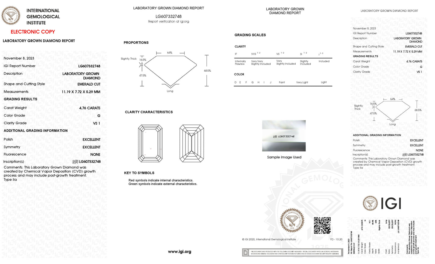 Lab Grown 4.76 Ct EMERALD Cut IGI Certified CVD Diamond G Color VS1 Clarity