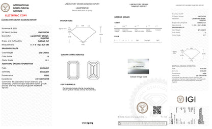 Lab Grown 4.76 Ct EMERALD Cut IGI Certified CVD Diamond G Color VS1 Clarity