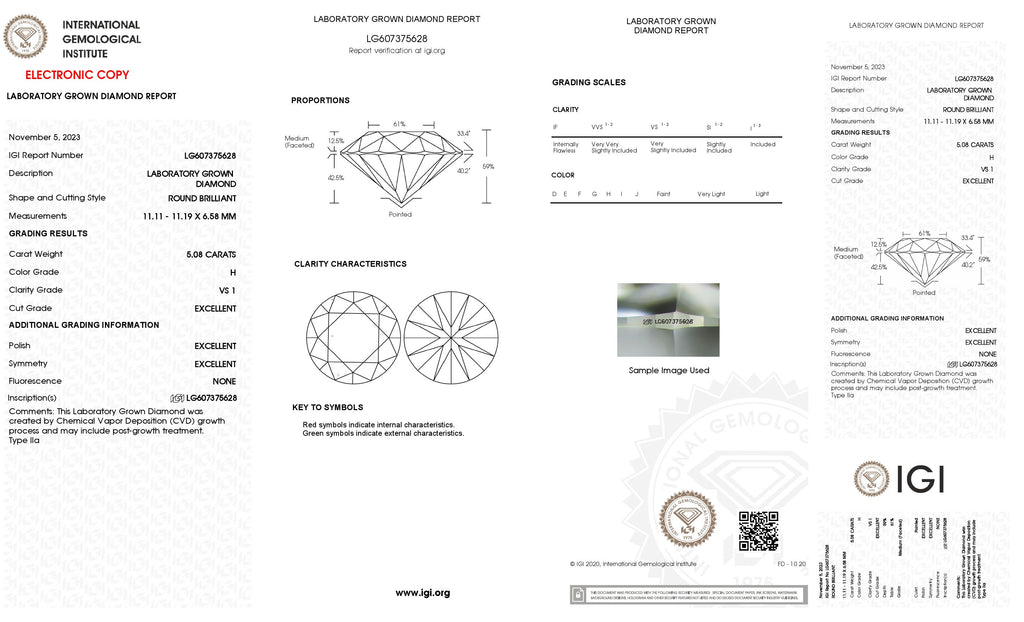 Lab Grown 5.08 Ct ROUND Cut IGI Certified CVD Diamond H Color VS1 Clarity