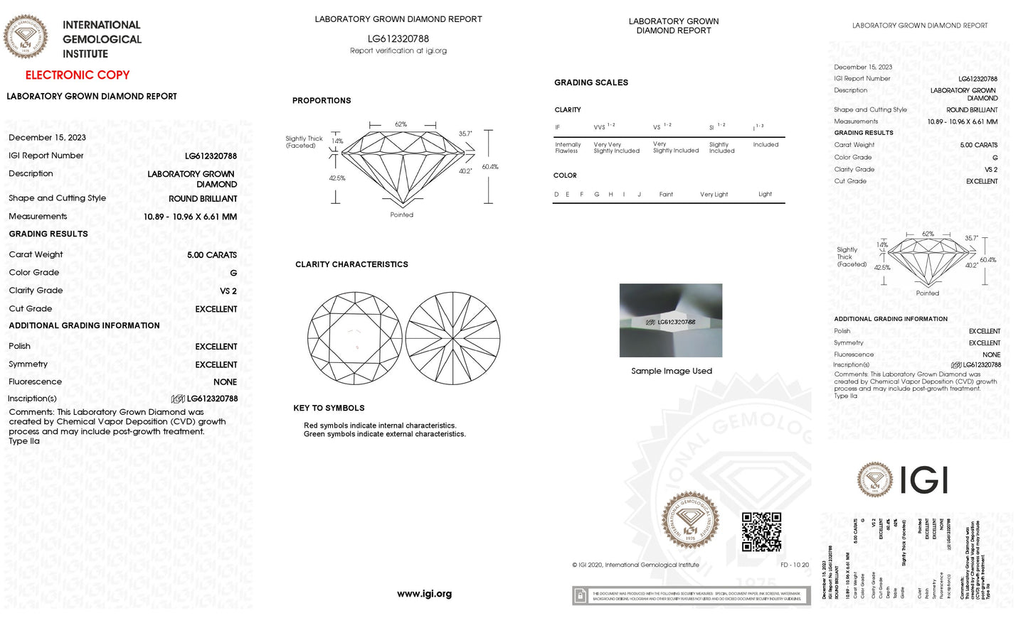 Lab Grown 5.00 Ct ROUND Cut IGI Certified CVD Diamond G Color VS2 Clarity