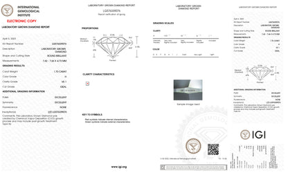 Lab Grown 1.70 Ct ROUND Cut IGI Certified CVD Diamond H Color VS1 Clarity
