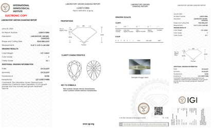 Lab Grown 1.87 Ct PEAR Cut IGI Certified CVD Diamond F Color VS1 Clarity
