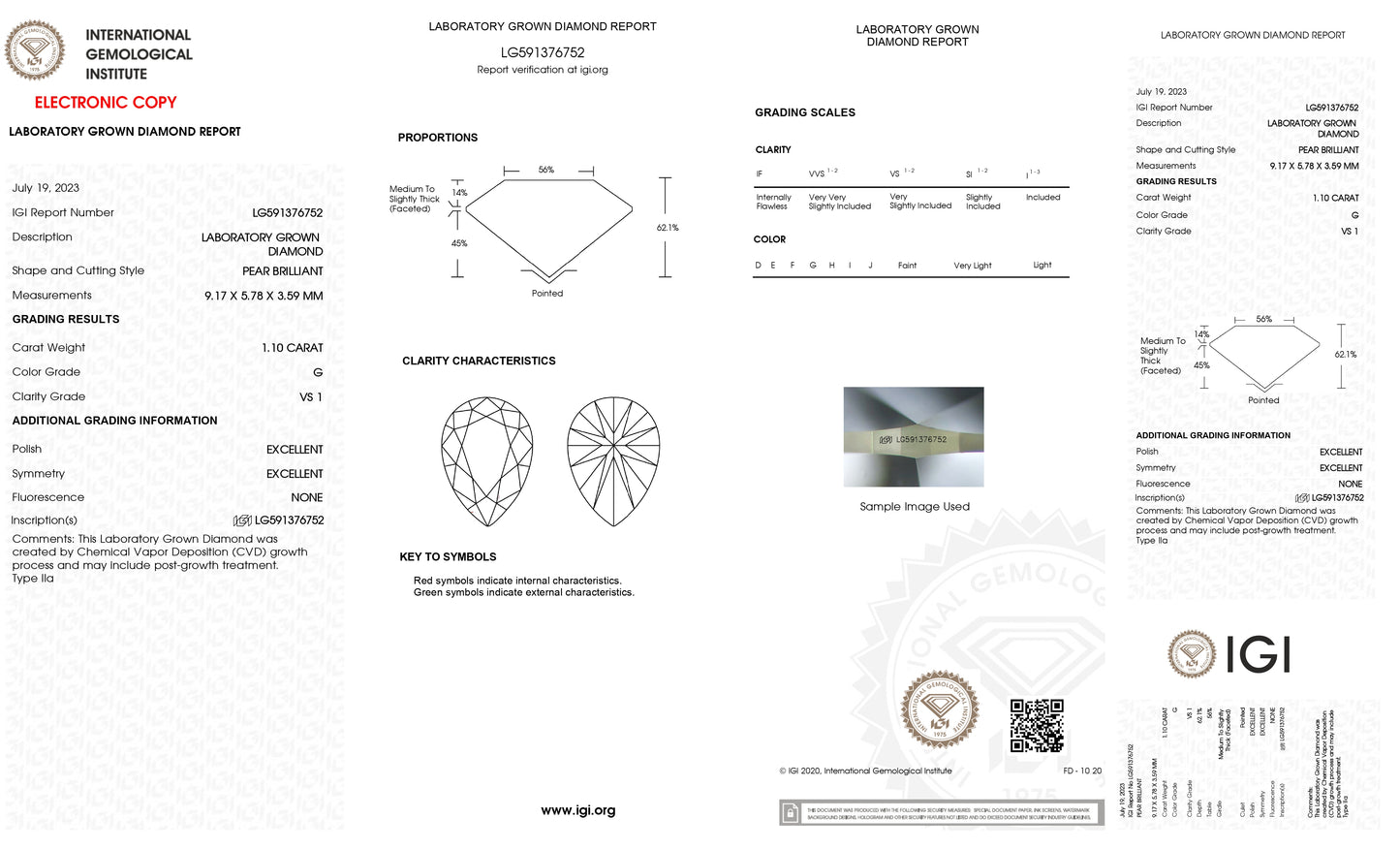 Lab Grown 1.10 Ct PEAR Cut IGI Certified CVD Diamond G Color VS1 Clarity
