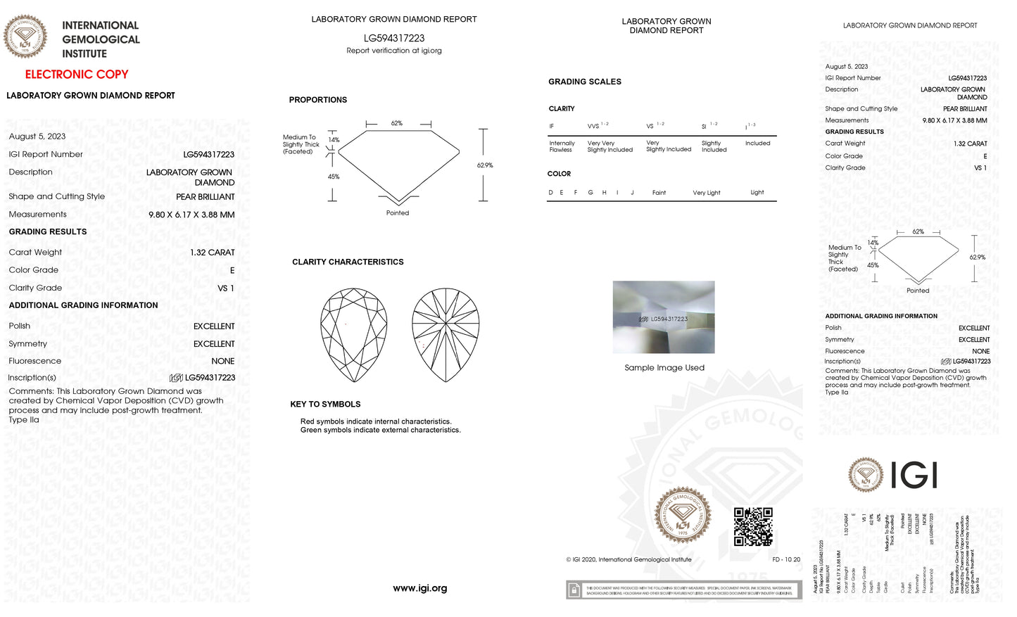 Lab Grown 1.32 Ct PEAR Cut IGI Certified CVD Diamond E Color VS1 Clarity
