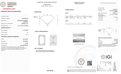 Lab Grown 1.72 Ct EMERALD Cut IGI Certified CVD Diamond G Color VS1 Clarity