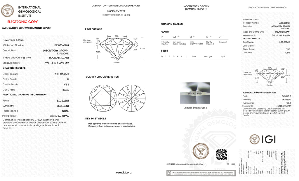 Lab Grown 2.00 Ct ROUND Cut IGI Certified CVD Diamond H Color VS1 Clarity