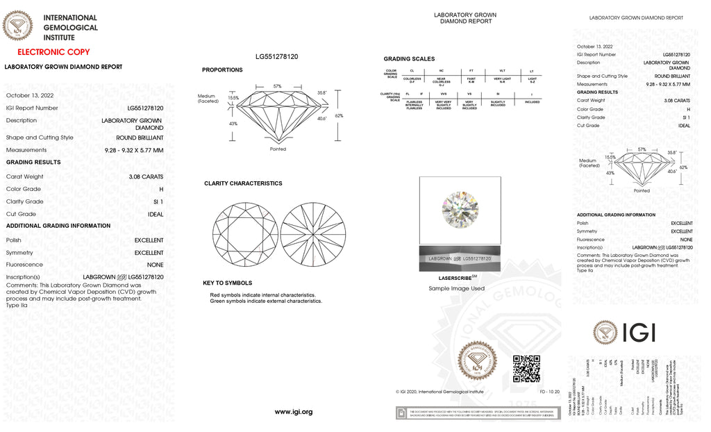 Lab Grown 3.08 Ct ROUND Cut IGI Certified CVD Diamond H Color SI1 Clarity