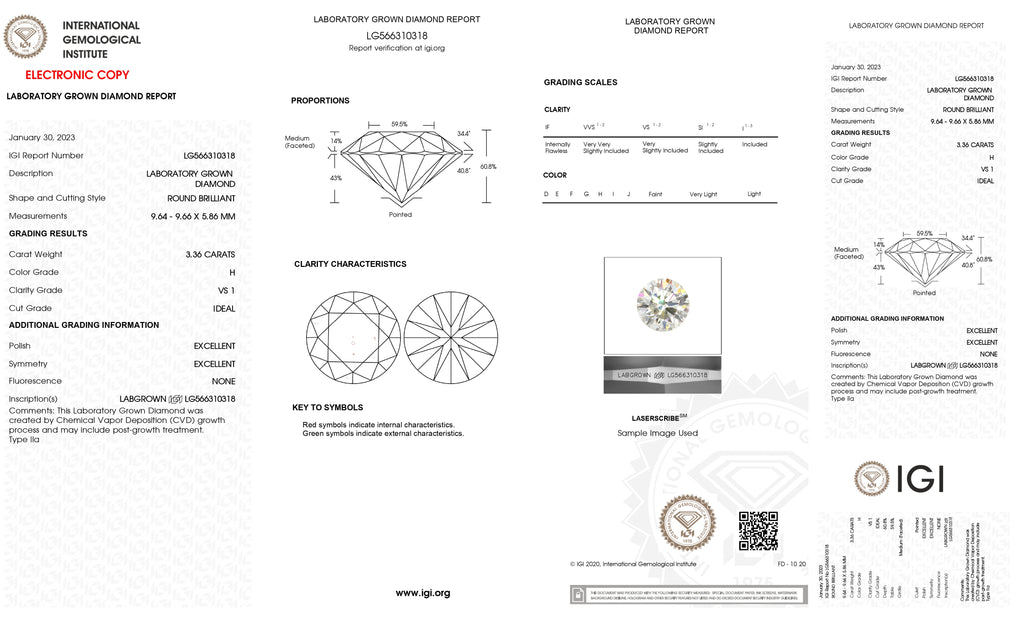 Lab Grown 3.36 Ct ROUND Cut IGI Certified CVD Diamond H Color VS1 Clarity