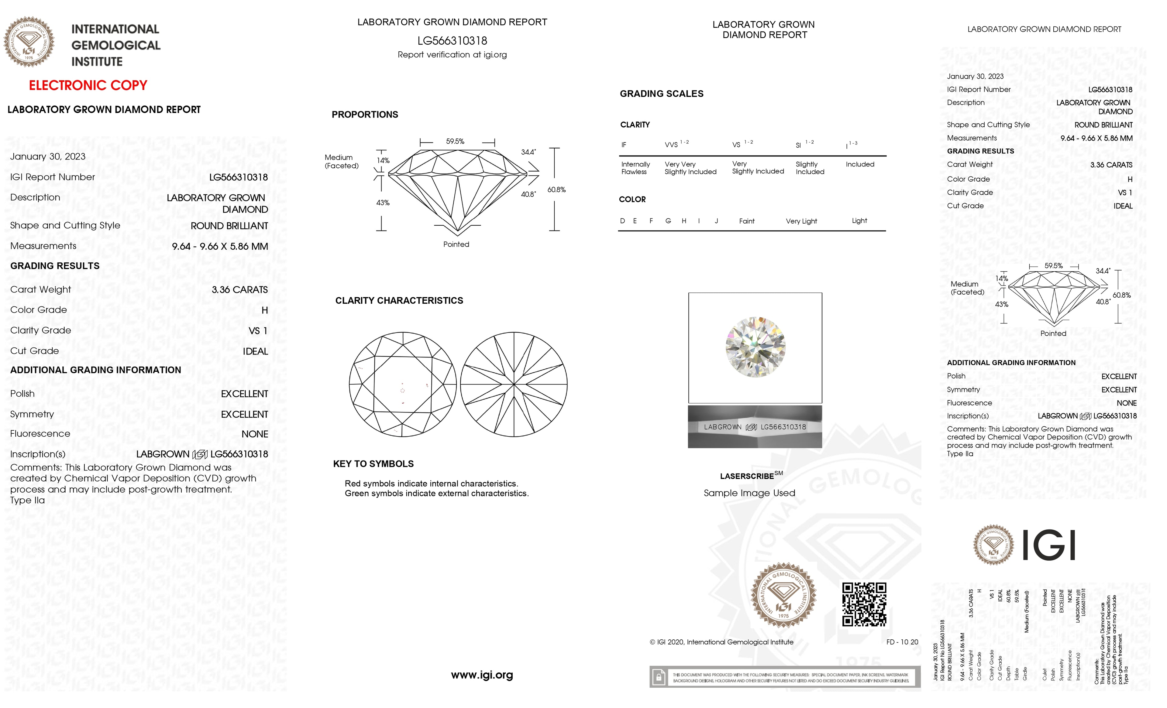 Lab Grown 3.36 Ct ROUND Cut IGI Certified CVD Diamond H Color VS1 Clarity