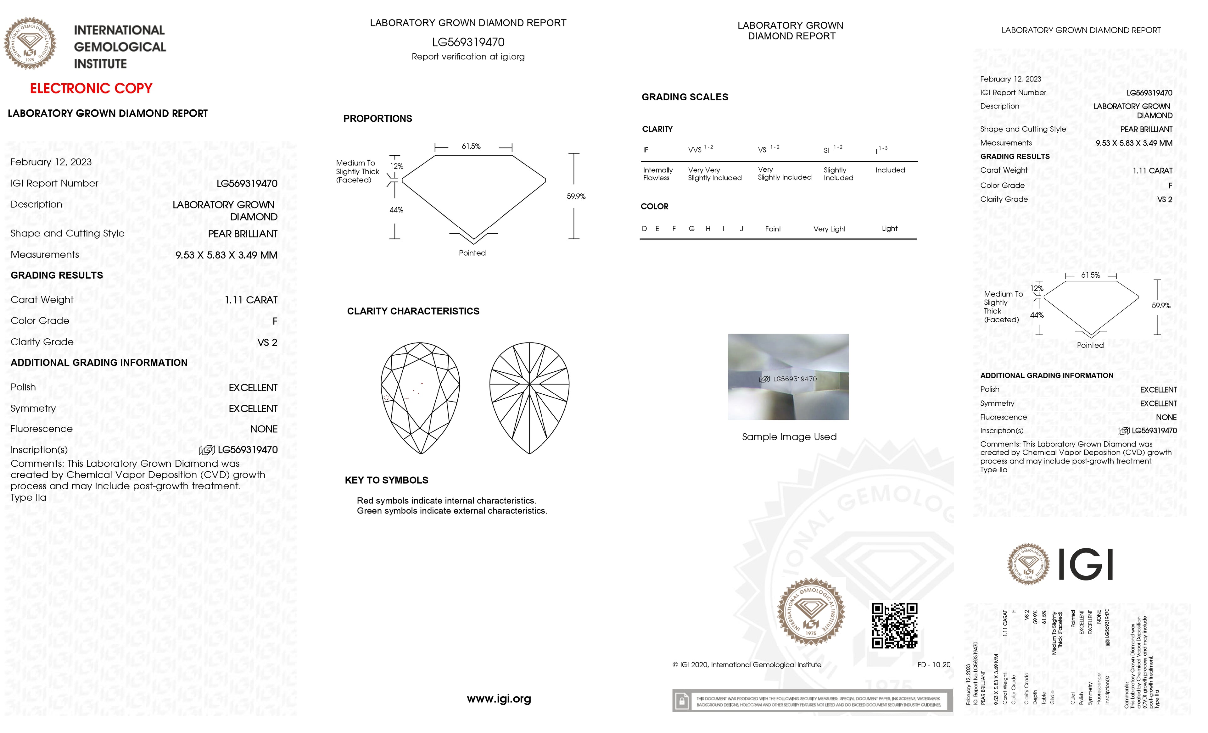Lab Grown 1.11 Ct PEAR Cut IGI Certified CVD Diamond F Color VS2 Clarity